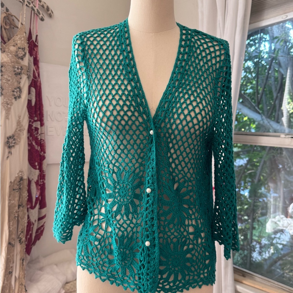 Vintage Teal Cotton Hand Crochet Women Sweater / Cardigan / Coverup